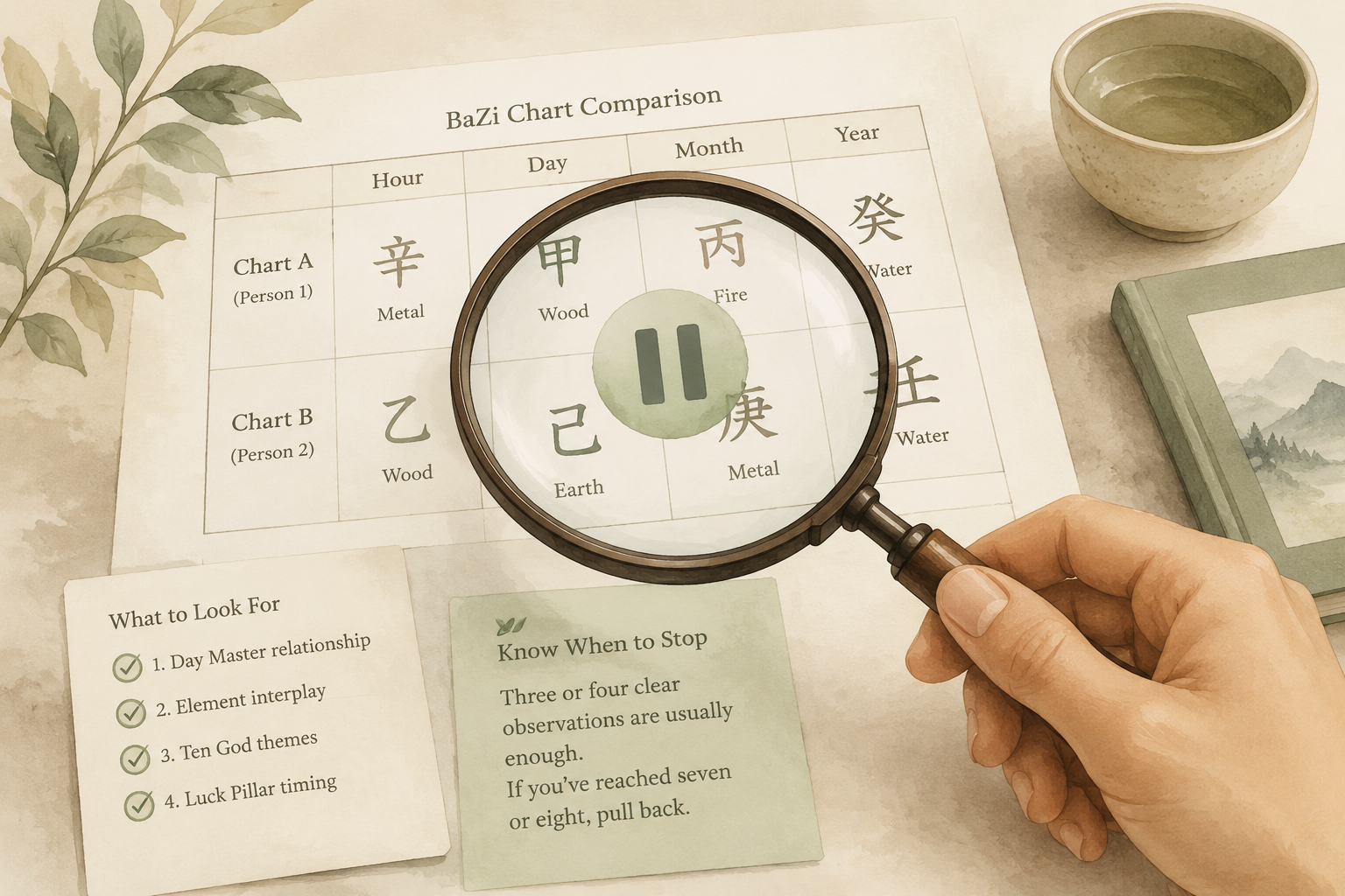 A clean diagram of a magnifying glass held over a BaZi chart with a gentle “pause” symbol, editorial watercolour style, muted taupe and sage.