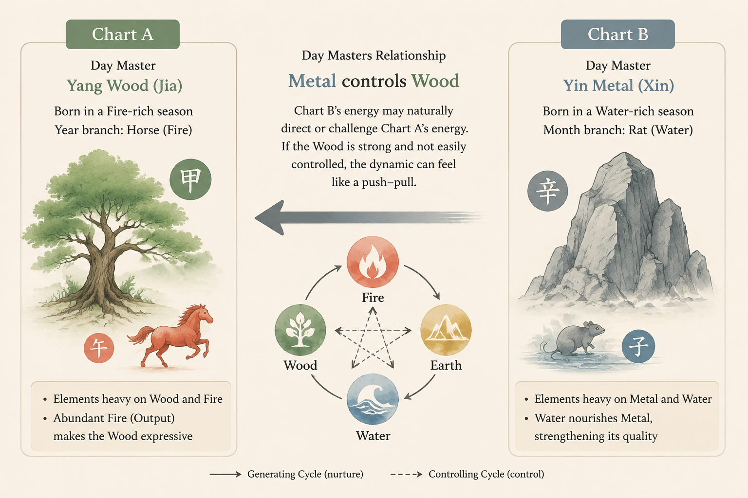 A quiet visual summary of the example: stylized icons for Wood, Metal, Water, and Fire arranged around a central interaction arrow, minimal ink lines.