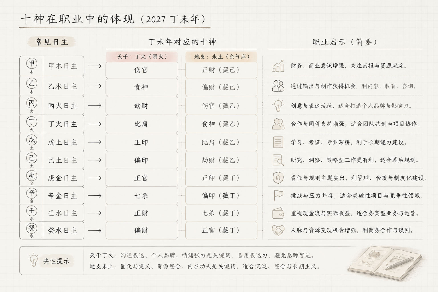 一张低调的编辑图,以浅灰网格为底,左侧列出常见日主,中间用箭头连接丁未年对应的十神,右侧用简短文字说明职业启示,画面无高饱和色彩,风格类似研究笔记。