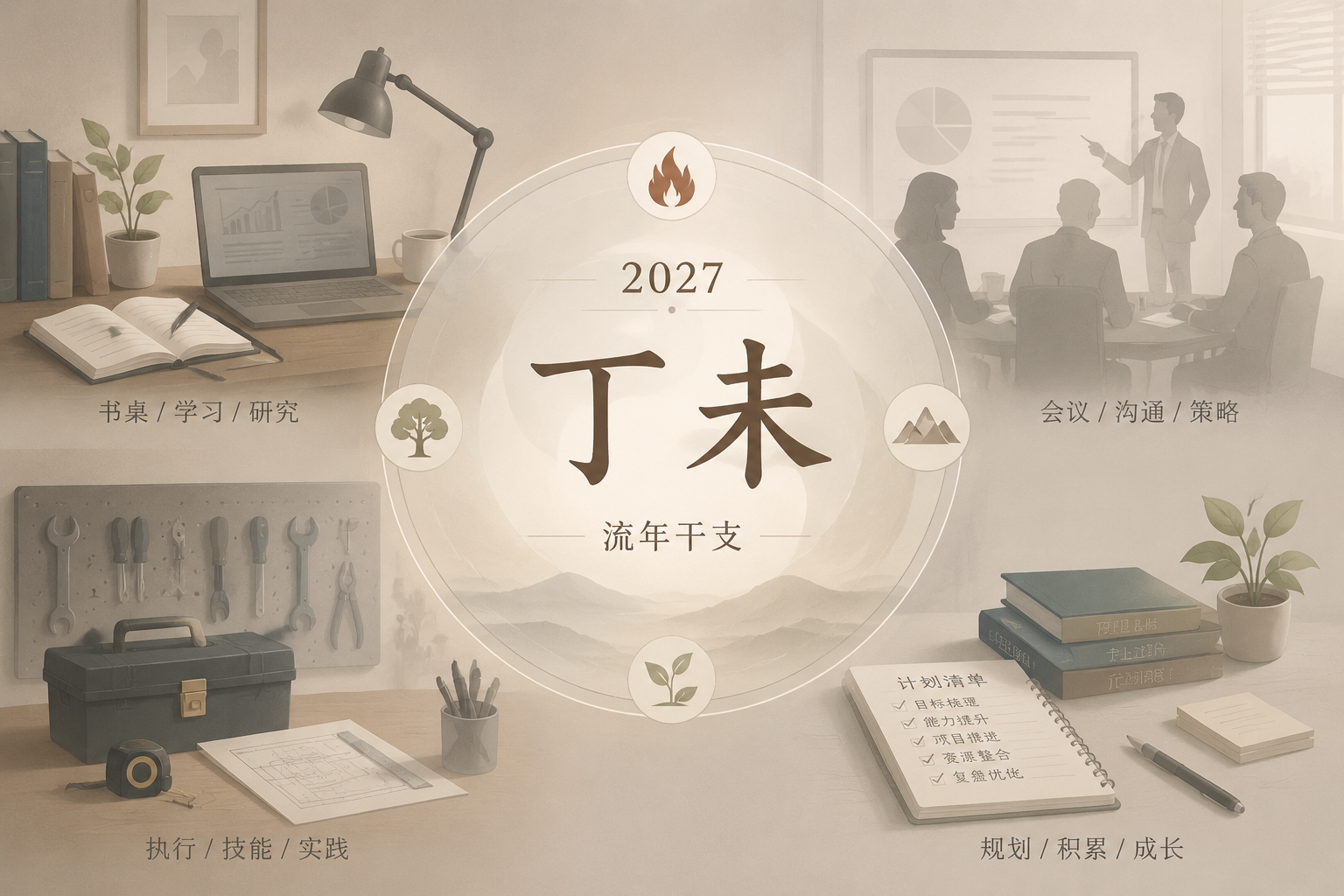 一幅安静的中性色调插图,画面中央一个半透明的八字圆盘,标注着“丁未”流年干支,四周围绕着代表不同职业场景的淡影轮廓,如书桌、会议室、工具箱,整体氛围冷静理性,无任何神秘光效。