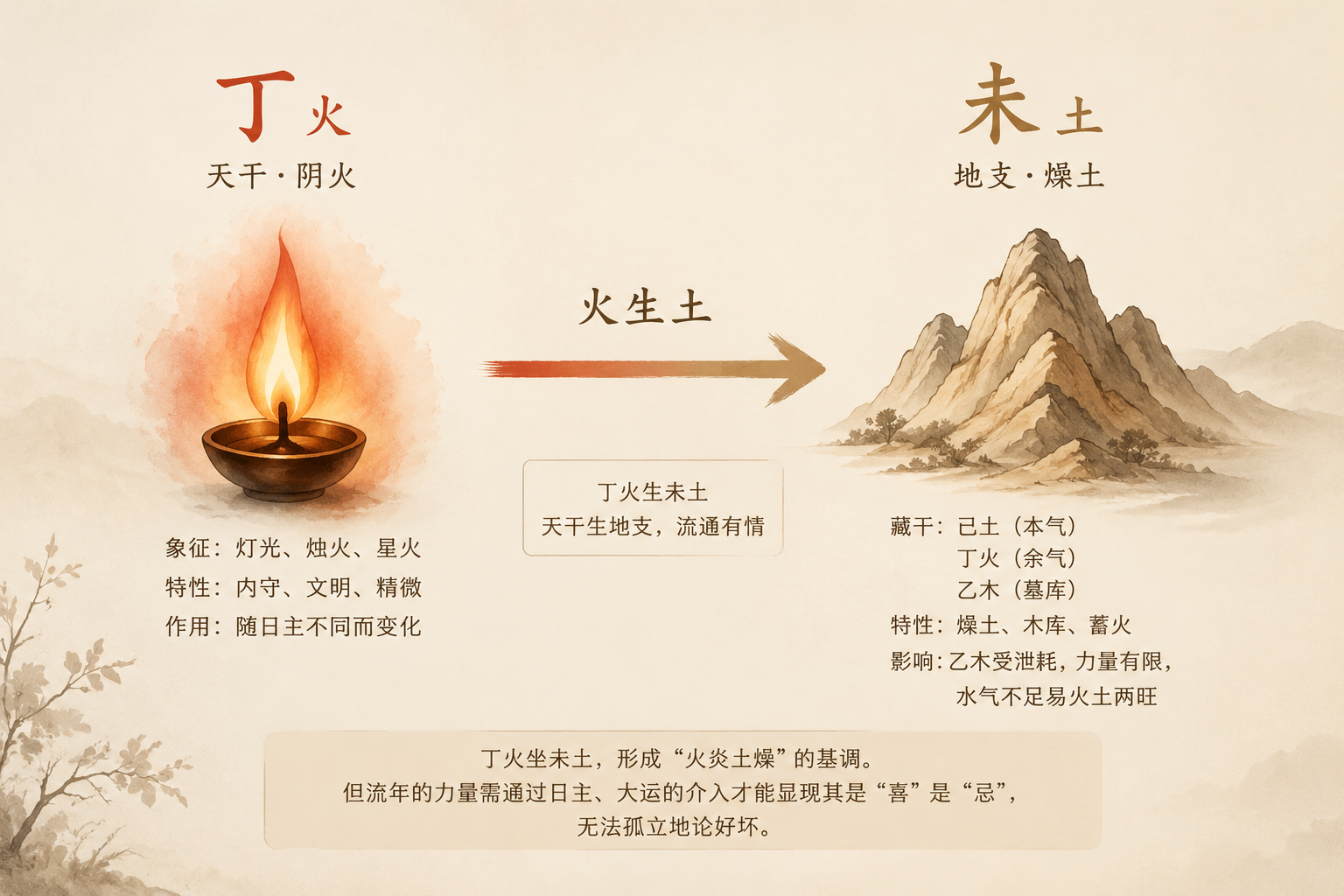 丁未干支示意图，左侧为天干丁火火焰符号，右侧为地支未土山形符号，中间以箭头连接表示火生土