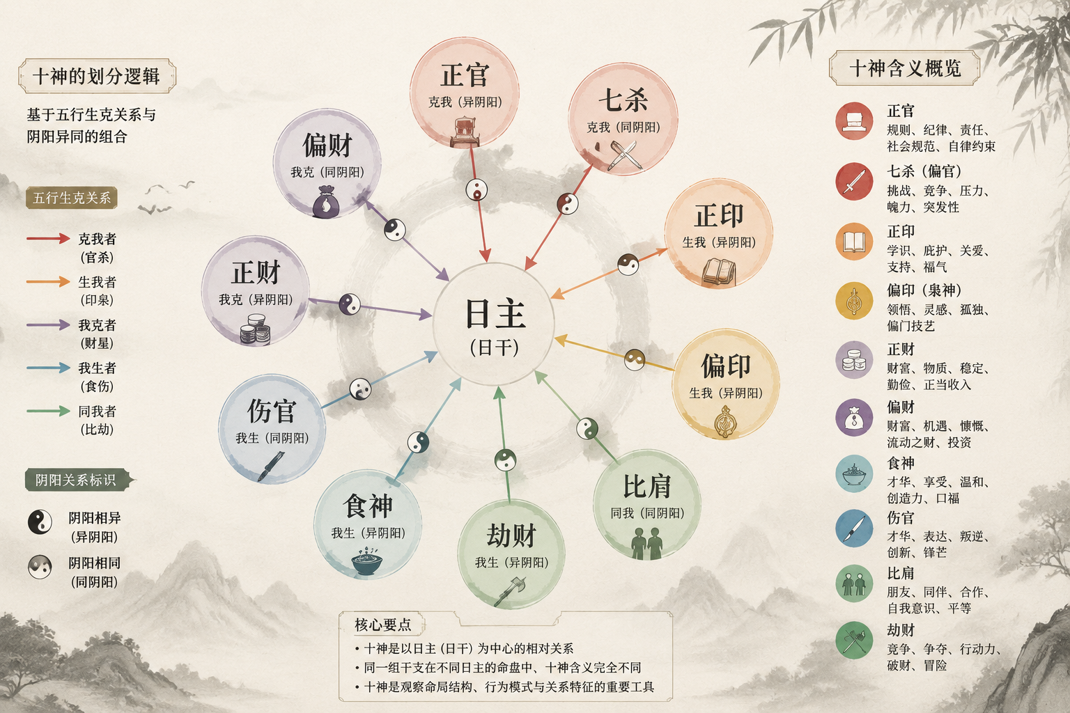 Diagram of ten gods radiating from a central Day Master with wu xing links and yin yang markers, clean ink-wash style.