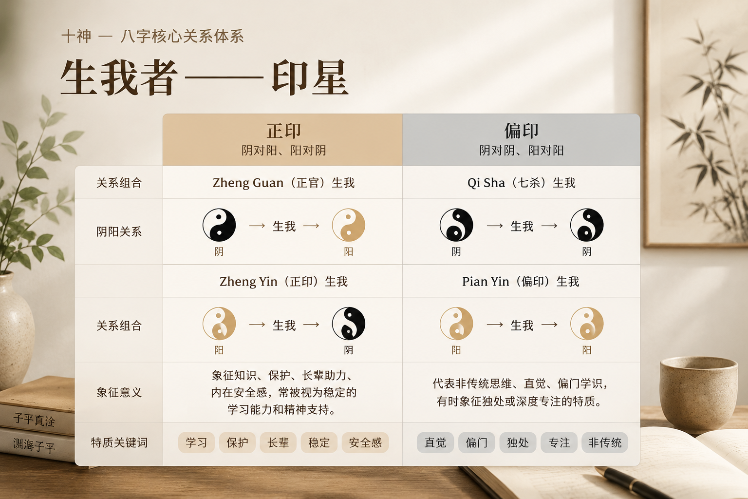 Simple table contrasting Zheng Guan vs Qi Sha and Zheng Yin vs Pian Yin with yin yang icons.