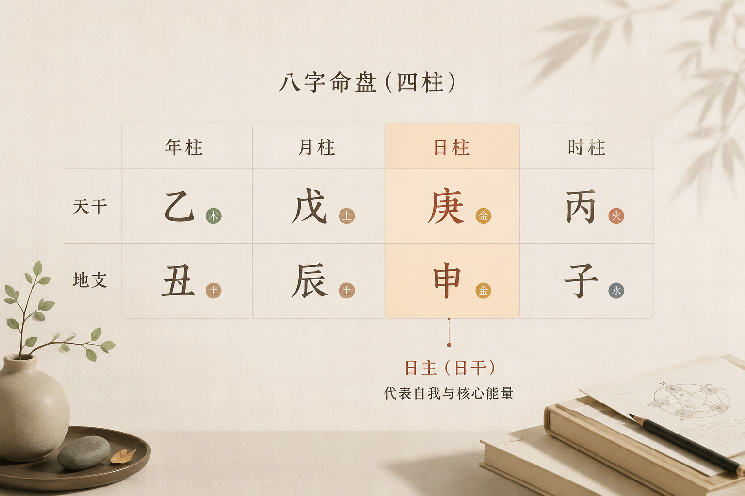 A soft editorial illustration of a horizontal BaZi chart with eight characters, one section highlighted in warm tone to represent the Day Master, clean background.
