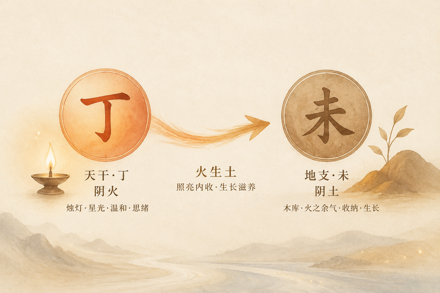 A minimalist diagram showing the Heavenly Stem Ding (fire) and Earthly Branch Wei (earth) connecting with a gentle arrow, warm brown and amber palette.