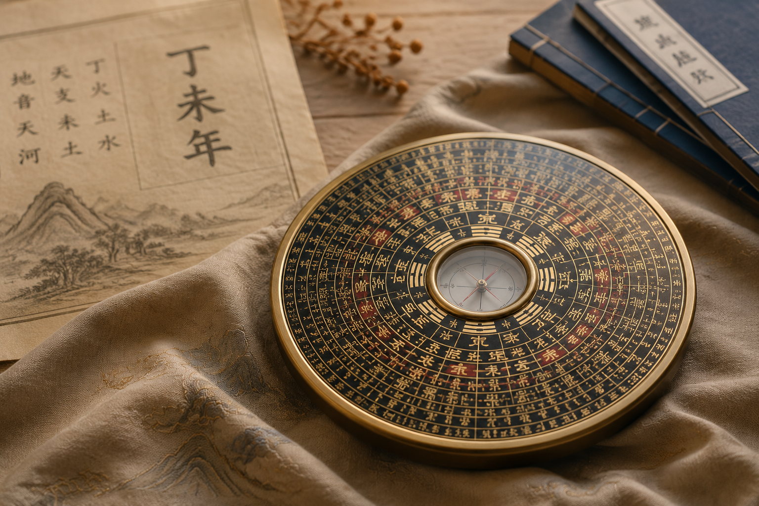 A traditional Chinese compass (luopan) resting on a silk cloth, soft natural light, earthy tones, no mystical glow.
