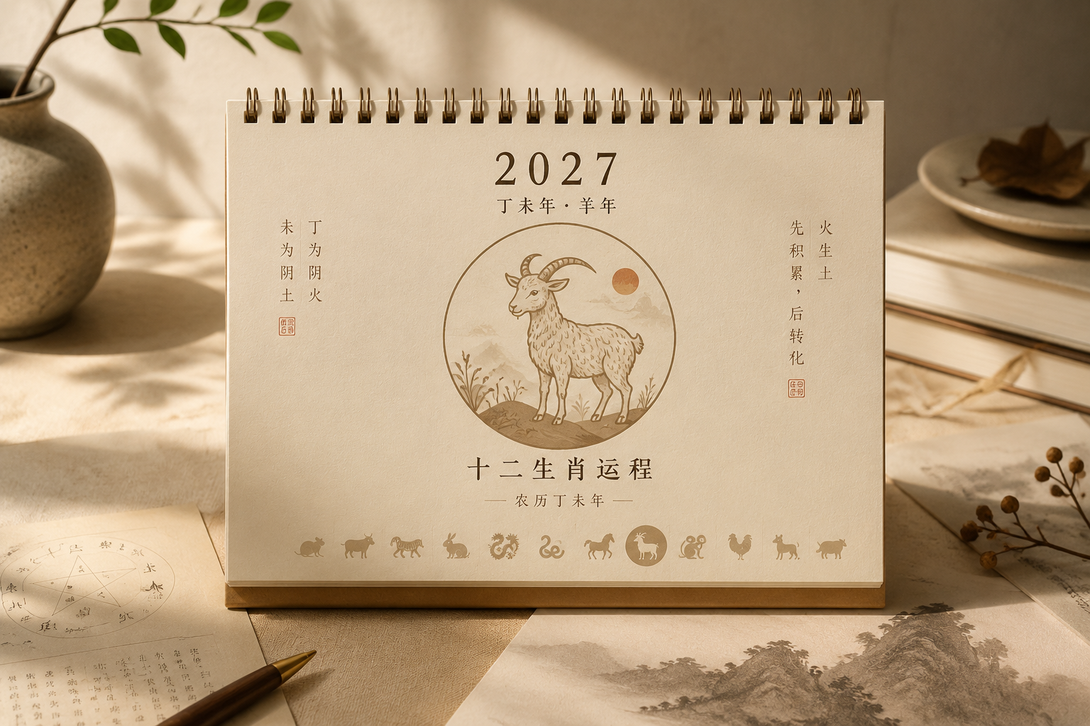 A quiet editorial illustration of a 2027 lunar calendar page with a goat zodiac emblem and warm earth tones.