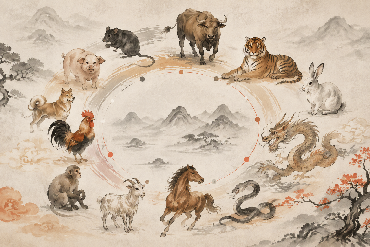 Quiet ink-wash style illustration of the twelve Chinese zodiac animals arranged in a circle with subtle earth and fire colors.