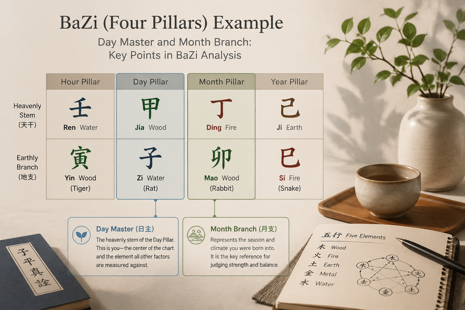 BaZi chart example with eight characters arranged in four pillars, highlighting the Day Master stem and the month branch as a key seasonal reference