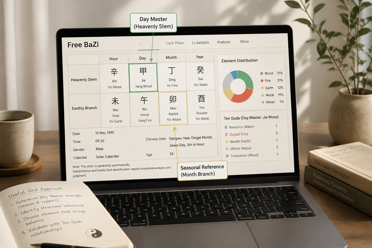 Screenshot of the Free BaZi chart tool highlighting the Day Master stem and the seasonal reference month branch, with element distribution panel