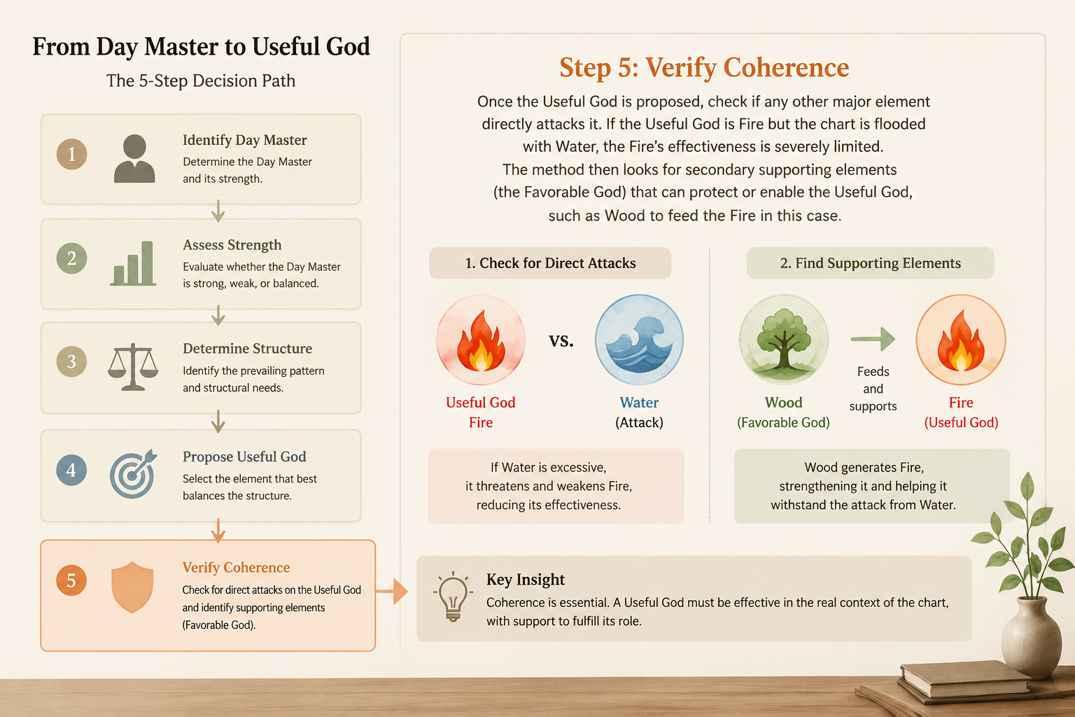 Step-by-step flowchart illustrating the decision path from Day Master assessment to Useful God selection
