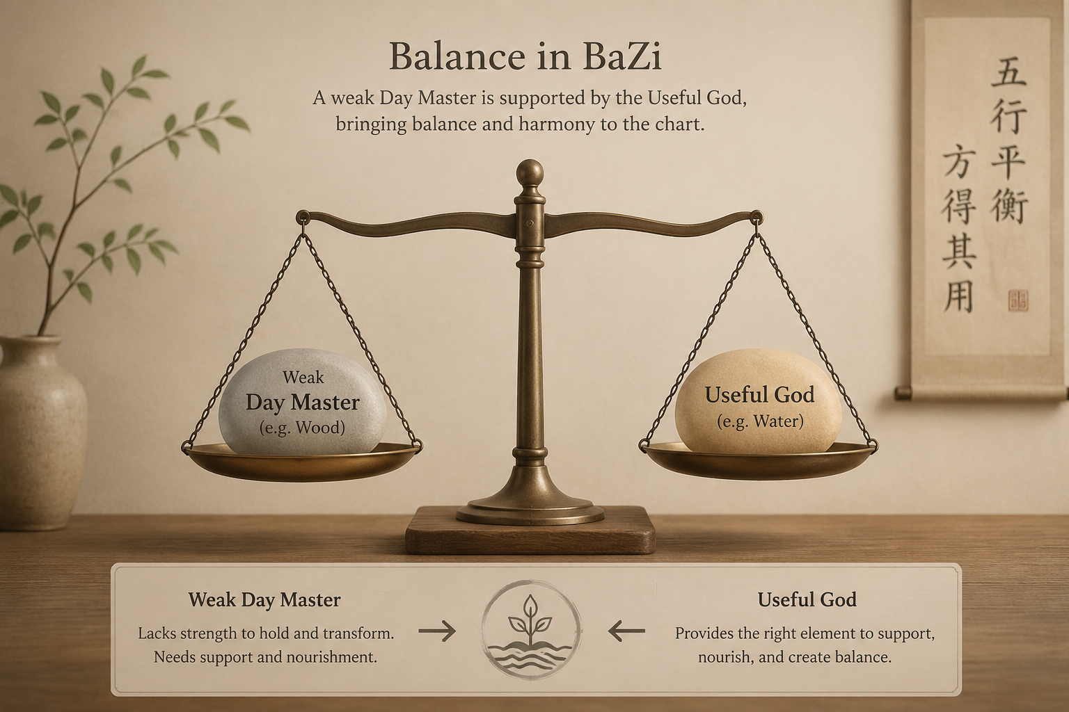 Simple diagram showing a balanced scale, with a weak Day Master on one side and the Useful God element on the other counterbalancing it