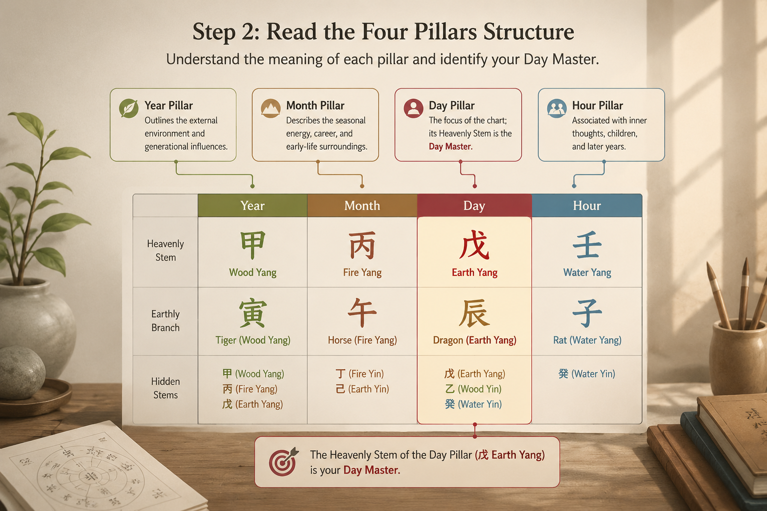 A clean annotation overlay pointing to the Year, Month, Day, and Hour columns of a generated Four Pillars chart, with the Day Master stem highlighted.