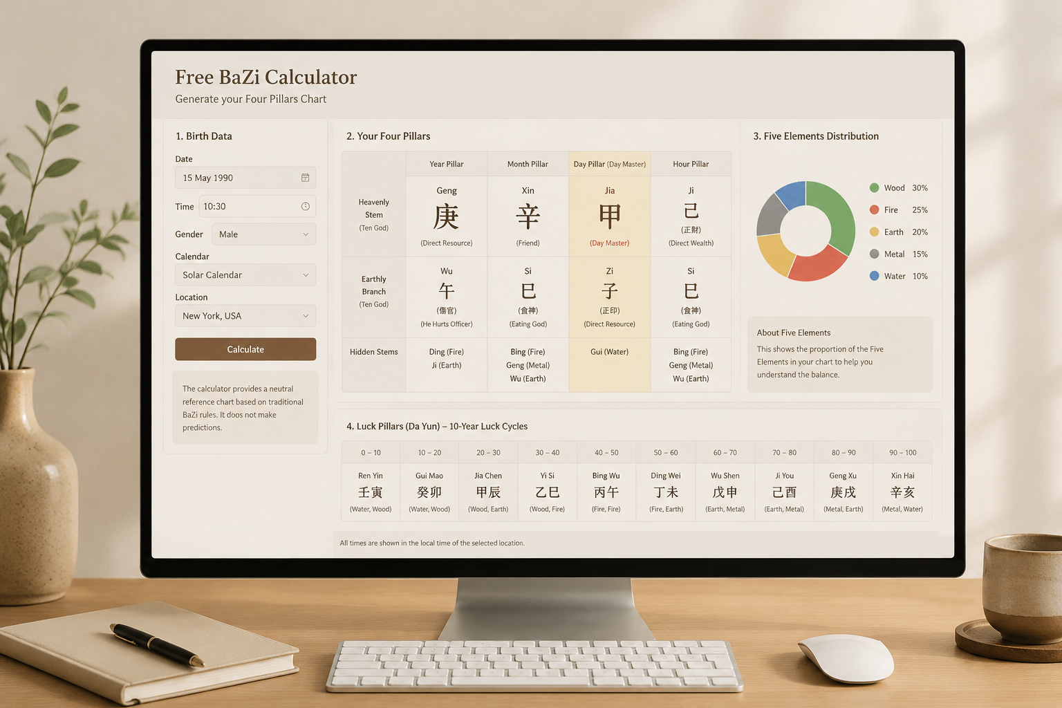 A minimal, warm‑toned screenshot of the Free BaZi Calculator showing a birth‑data form and a generated Four Pillars chart on a clean desktop background.