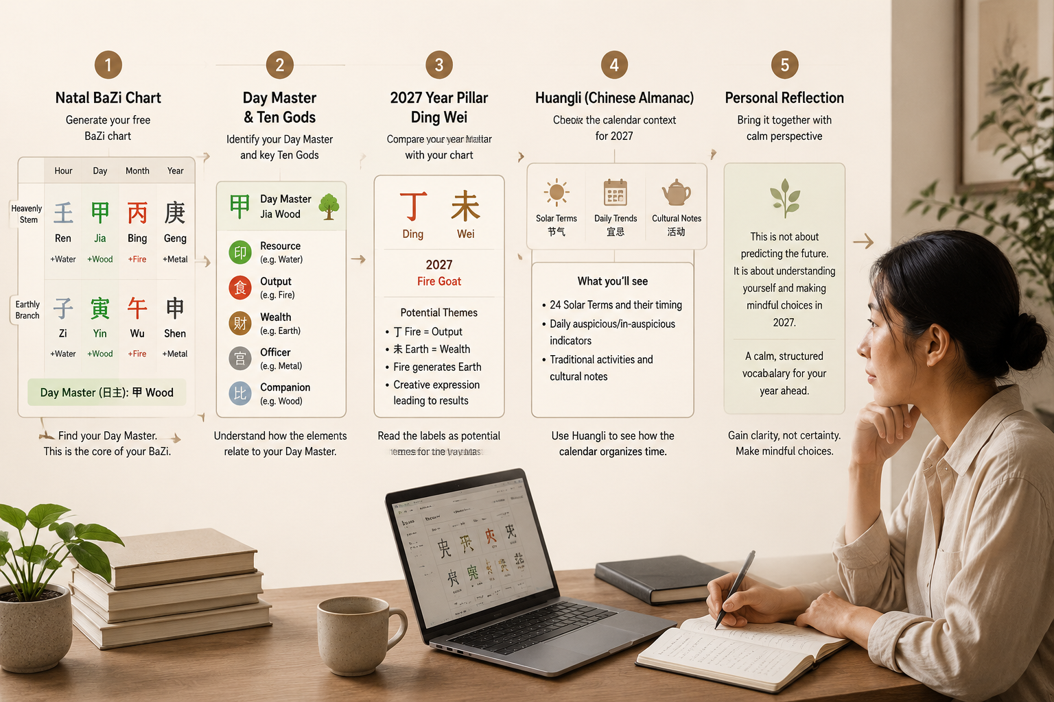 Reading flow chart from natal Bazi chart to Day Master to 2027 year pillar to personal reflection.