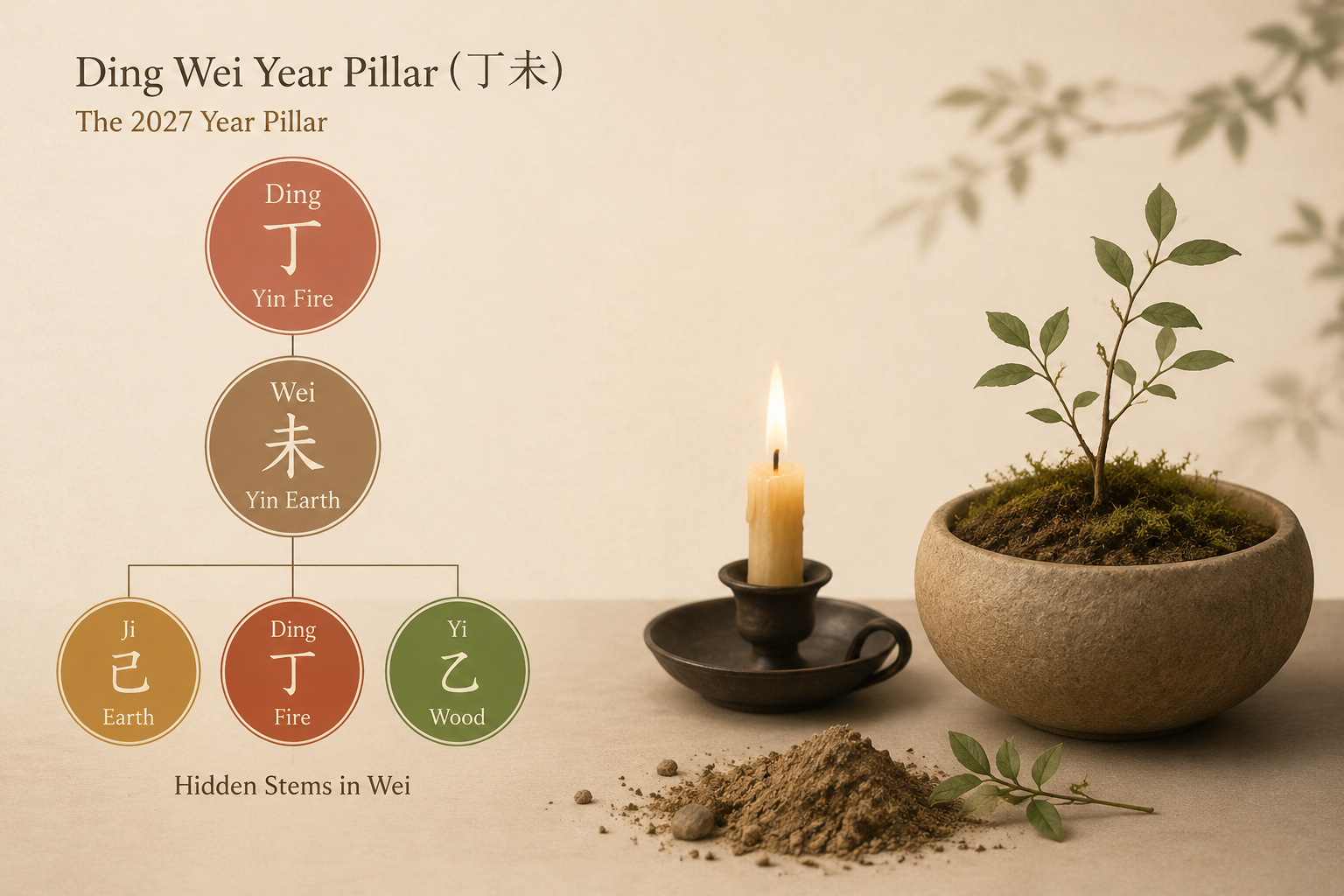 Calm diagram showing Ding fire above Wei earth and its hidden stems Ji Earth, Ding Fire, Yi Wood.
