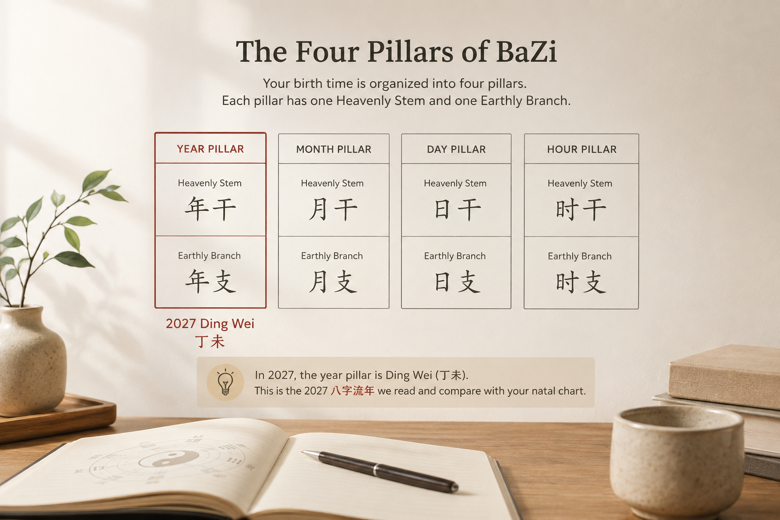 Minimal four-pillar chart with the 2027 Ding Wei year pillar highlighted in a muted red outline.
