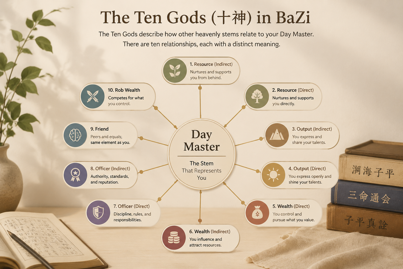 A composed reference layout showing the Day Master stem at the center with ten relationship lines, each labeled with the Ten God name, in warm neutral tones.