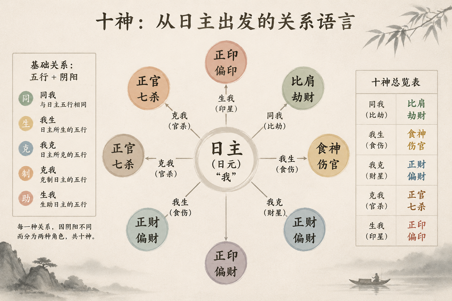 Editorial diagram showing Day Master at center with connecting lines to Ten God types arranged around, ink wash muted tones, no mystical glow
