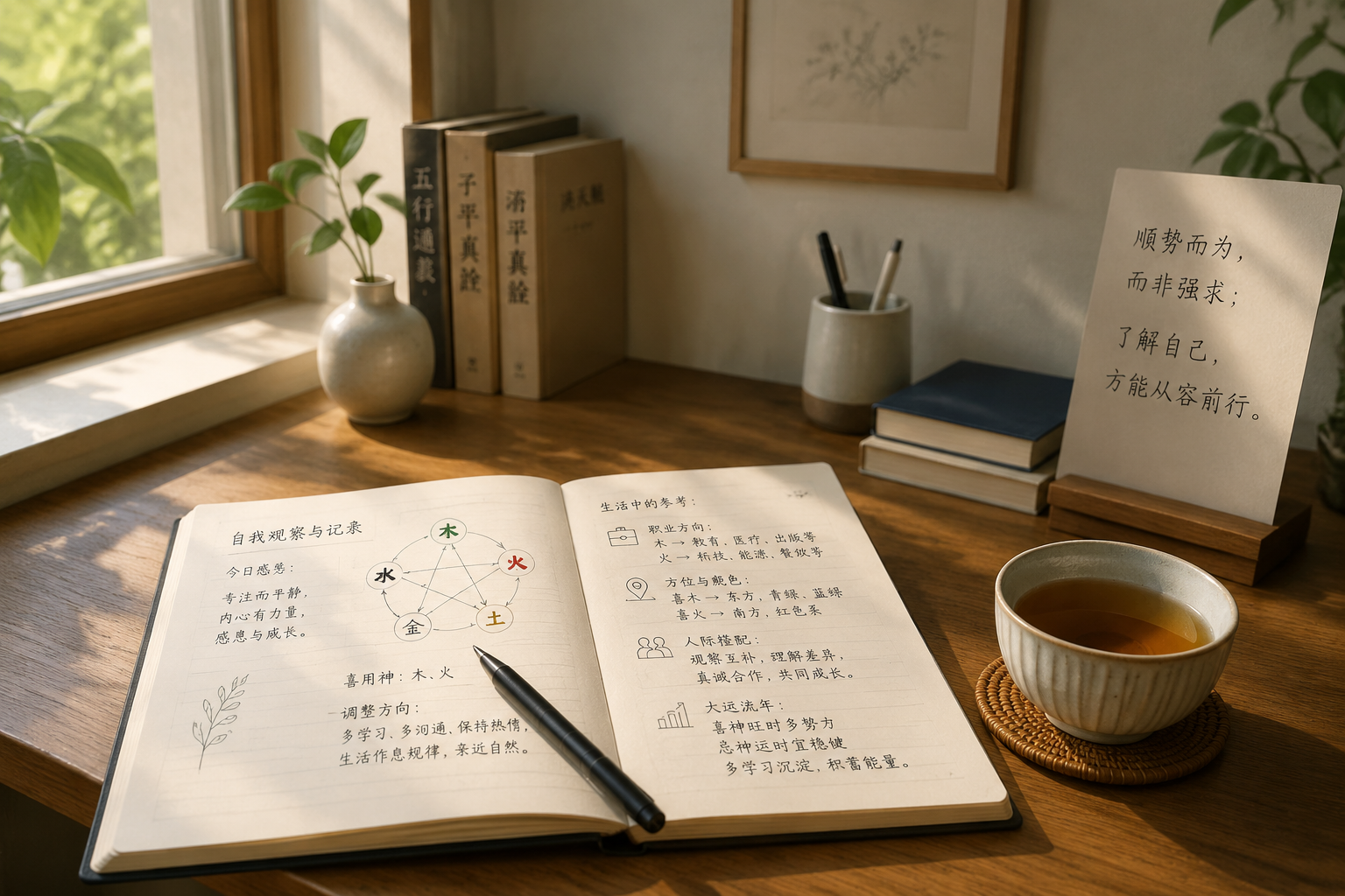 安静的书桌一角，放着一本摊开的笔记和一支笔，旁边有一杯茶，自然光从窗户照进来，隐喻对自我的观察与记录。