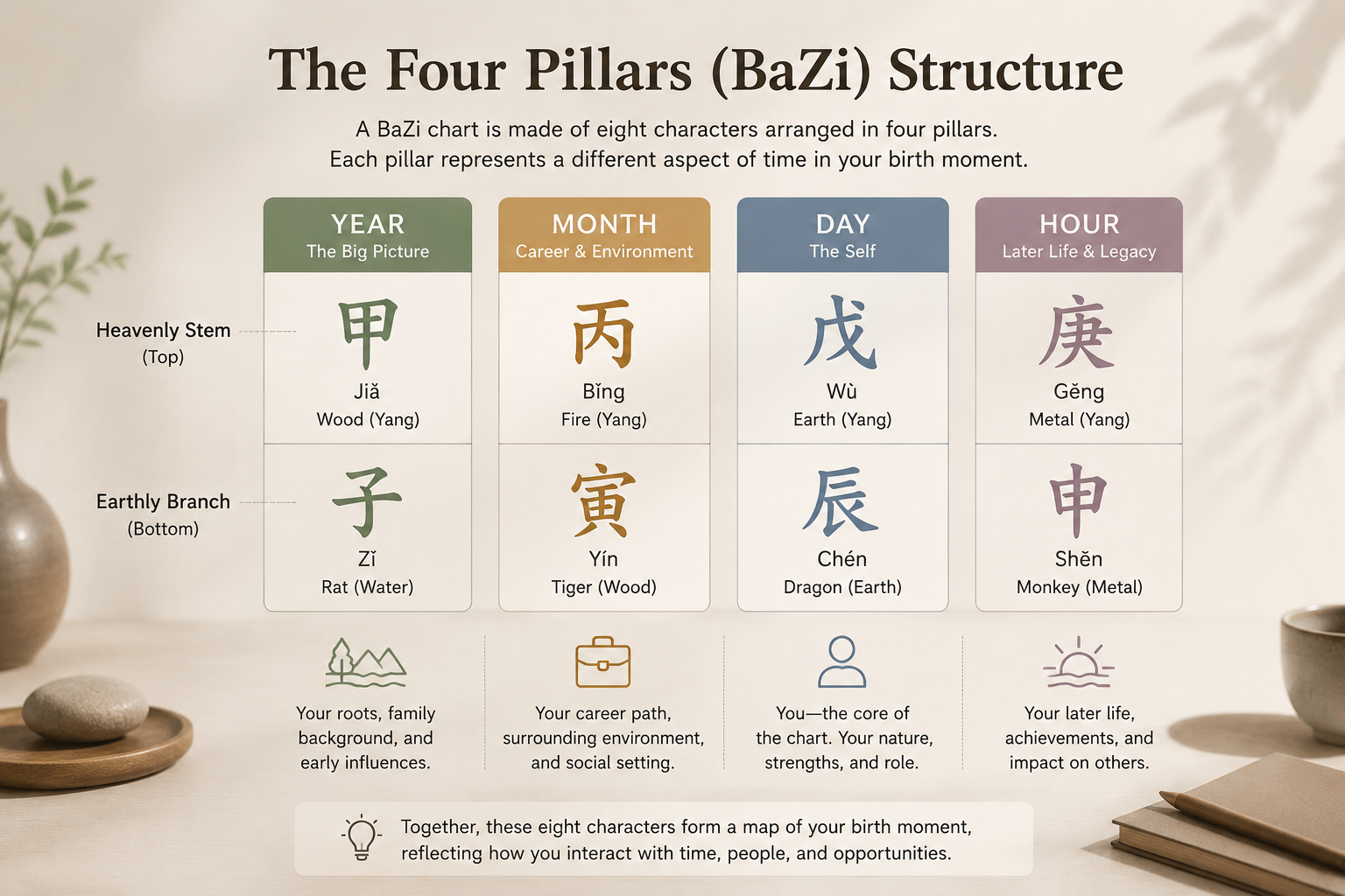 A clean diagram showing the Four Pillars: Year, Month, Day, Hour columns, each containing a Heavenly Stem and an Earthly Branch, totaling eight characters.