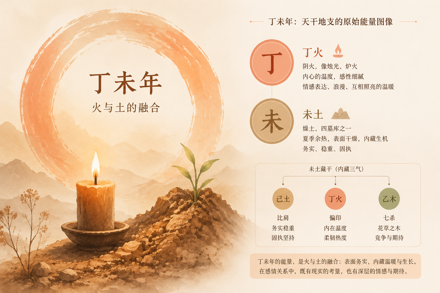 丁未年的能量示意,以淡赭色和浅橘色表现火与土的融合,旁边提炼出丁火和未土的藏干图示