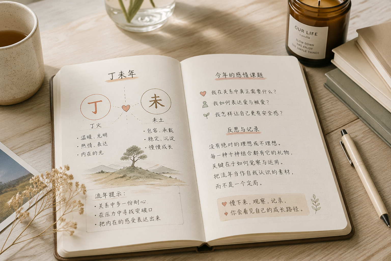 一本翻开的手帐,上面手绘着丁未的符号和少量文字注释,充满日常感的反思氛围