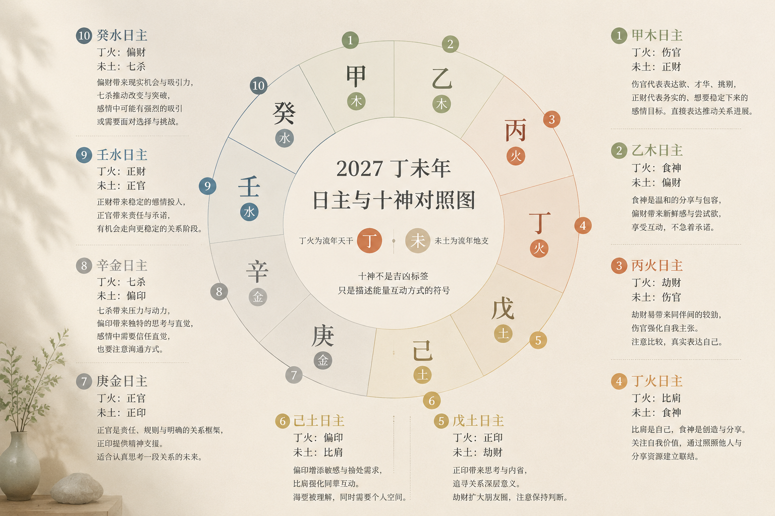 一个圆环式的日主与十神对照图,用低饱和度的色彩标注十组关系,风格克制、知性