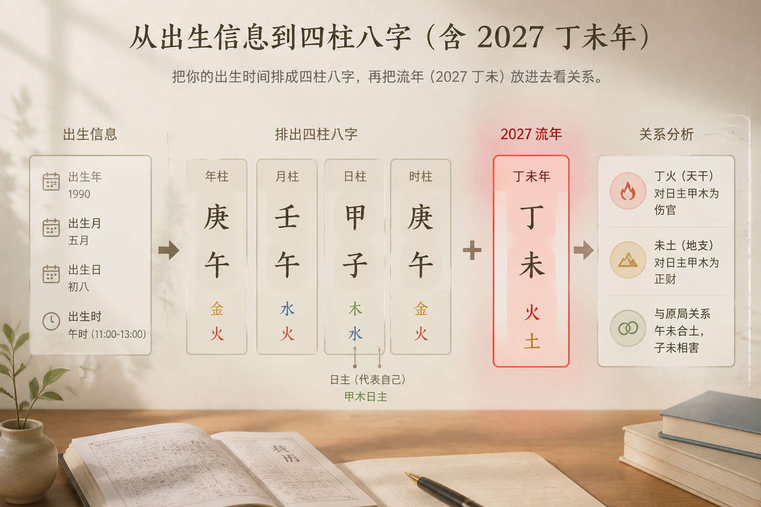 Flow diagram showing a birth date being converted into four pillars, with the 2027 Ding-Wei year column highlighted