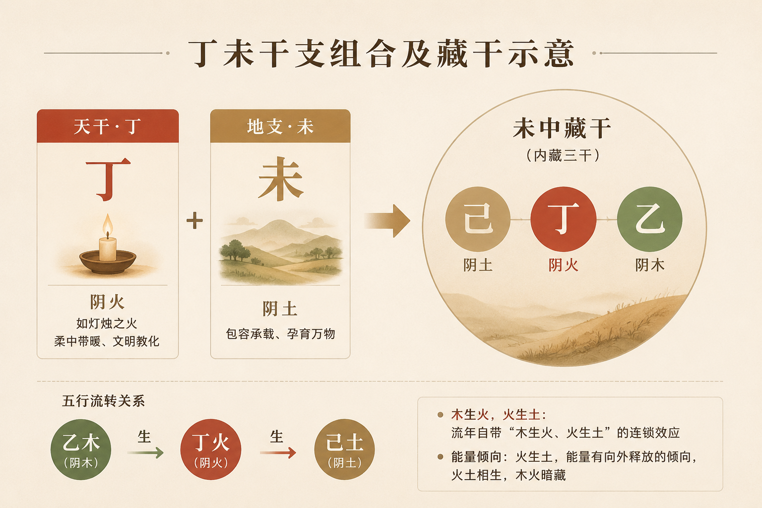 丁未干支组合及藏干示意，简洁线条图