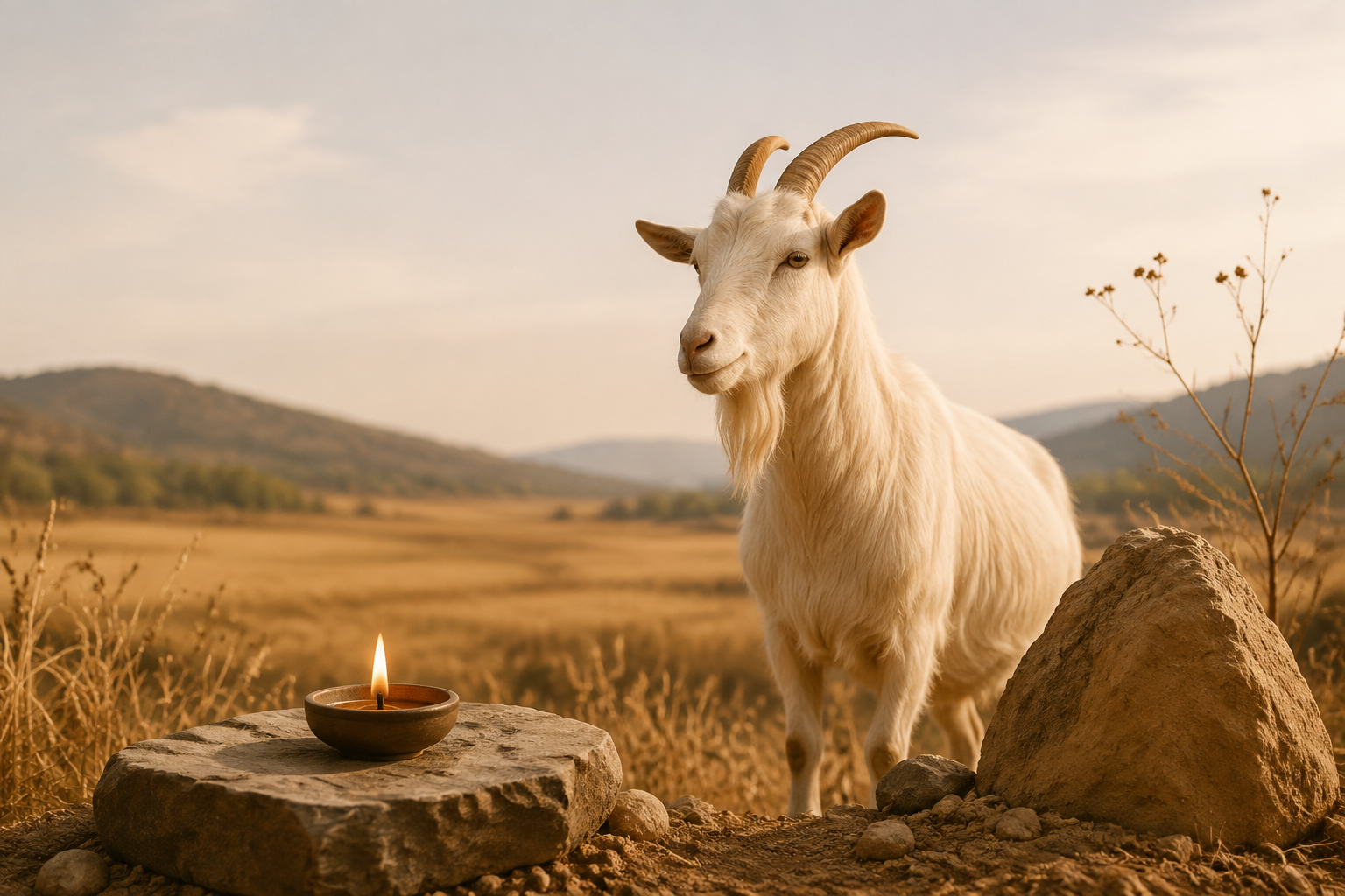 Editorial illustration of a calm goat standing beside a small candle flame and an earth-toned field, representing the Fire and Earth of the Ding Wei year.