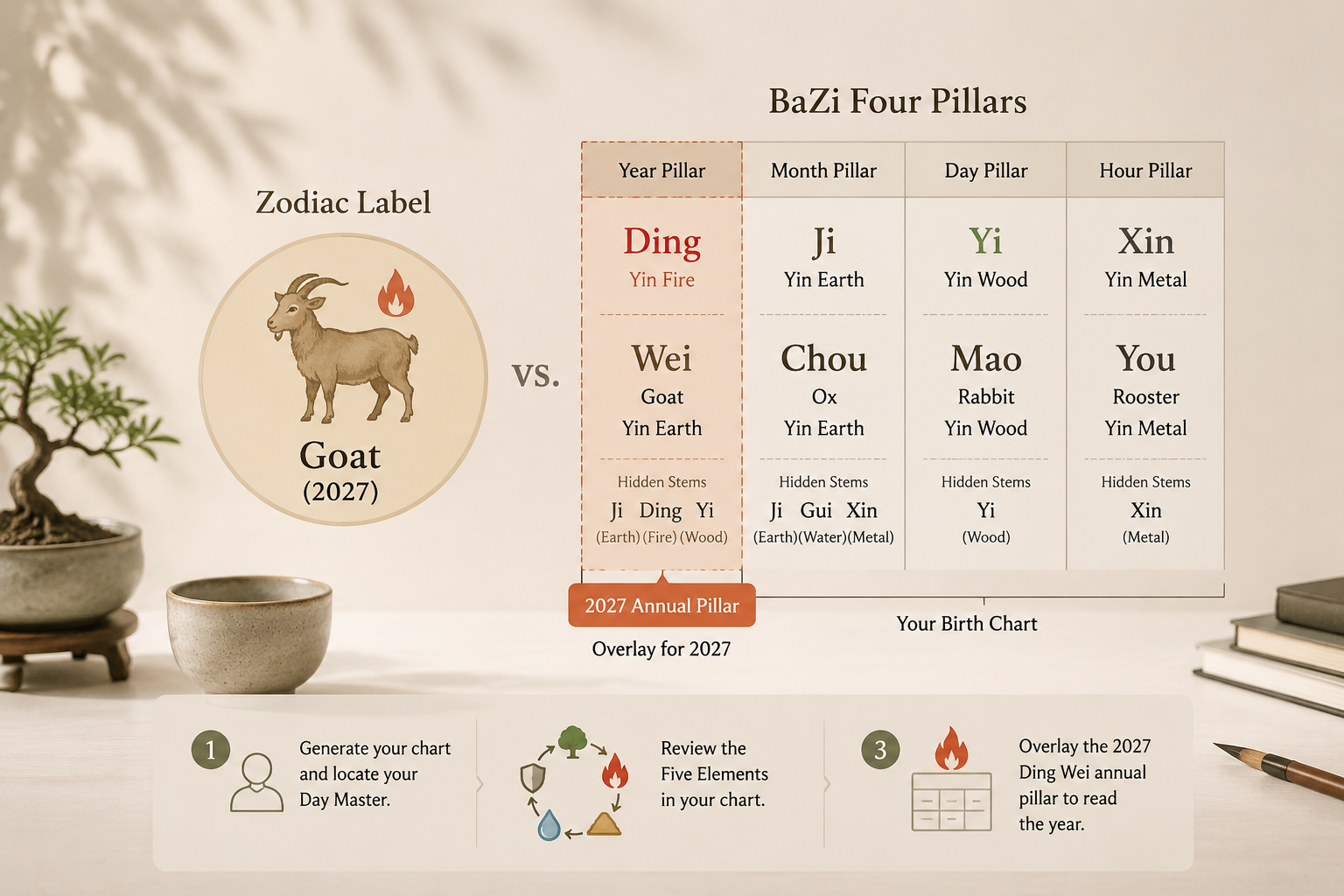 Quiet diagram comparing a simple Goat zodiac label with a four-pillar BaZi chart, showing the year pillar as one of four overlapping columns.