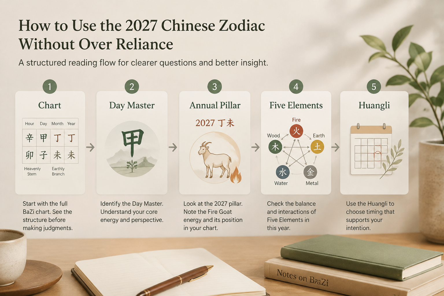 Five-step reading flow with cards labeled Chart, Day Master, Annual Pillar, Five Elements, and Huangli, arranged left to right in a restrained palette.