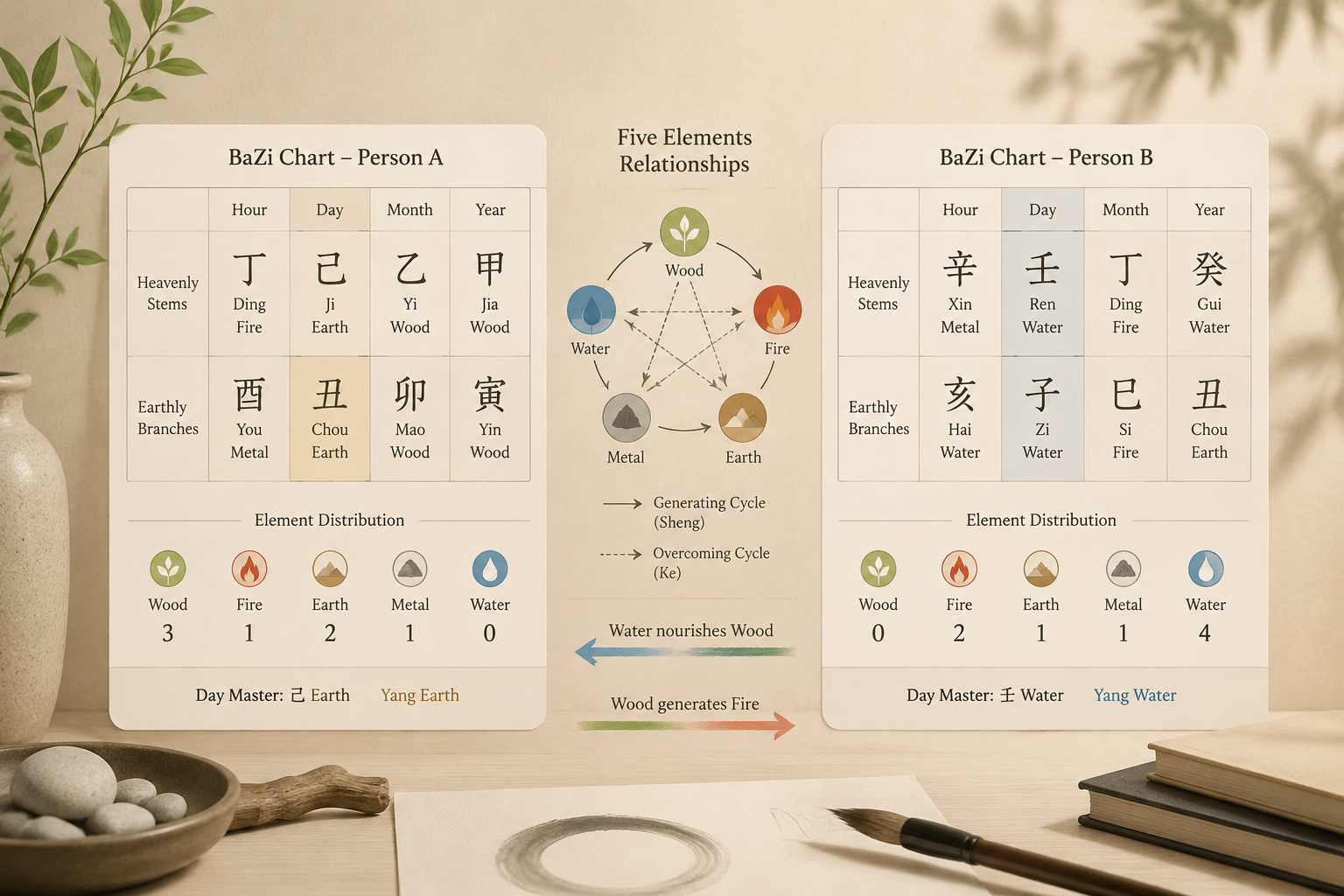 Two BaZi charts placed side by side on a warm neutral background, with simple ink-wash arrows connecting complementary elements