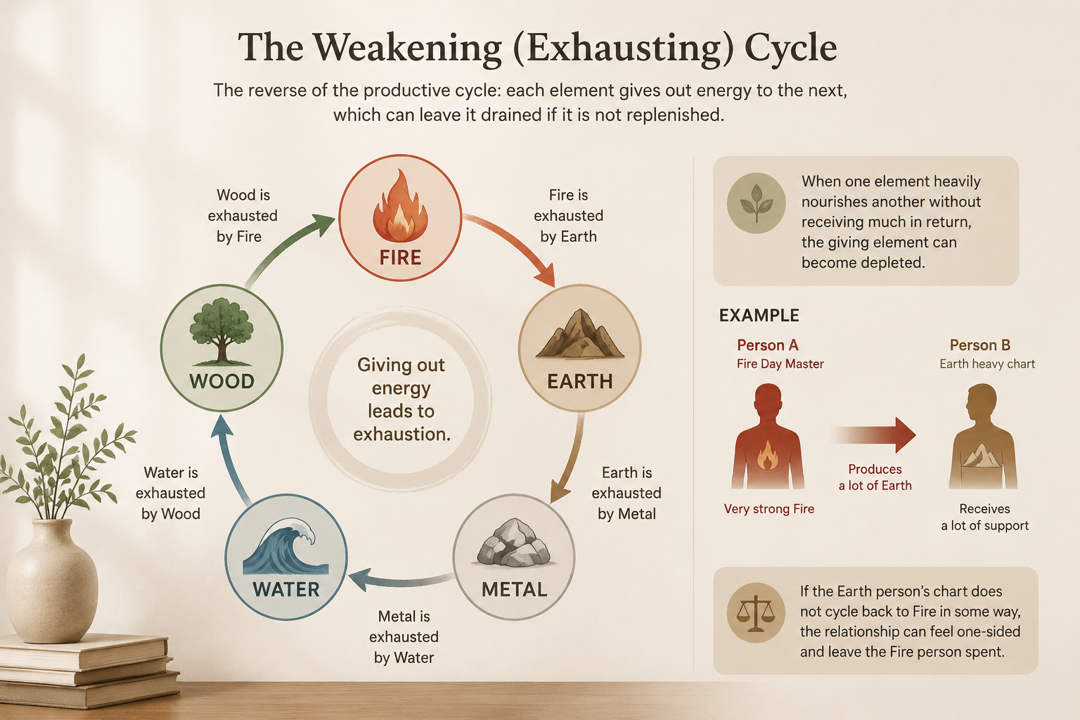 Diagram showing the productive, controlling, and weakening cycles of the five elements with directional arrows