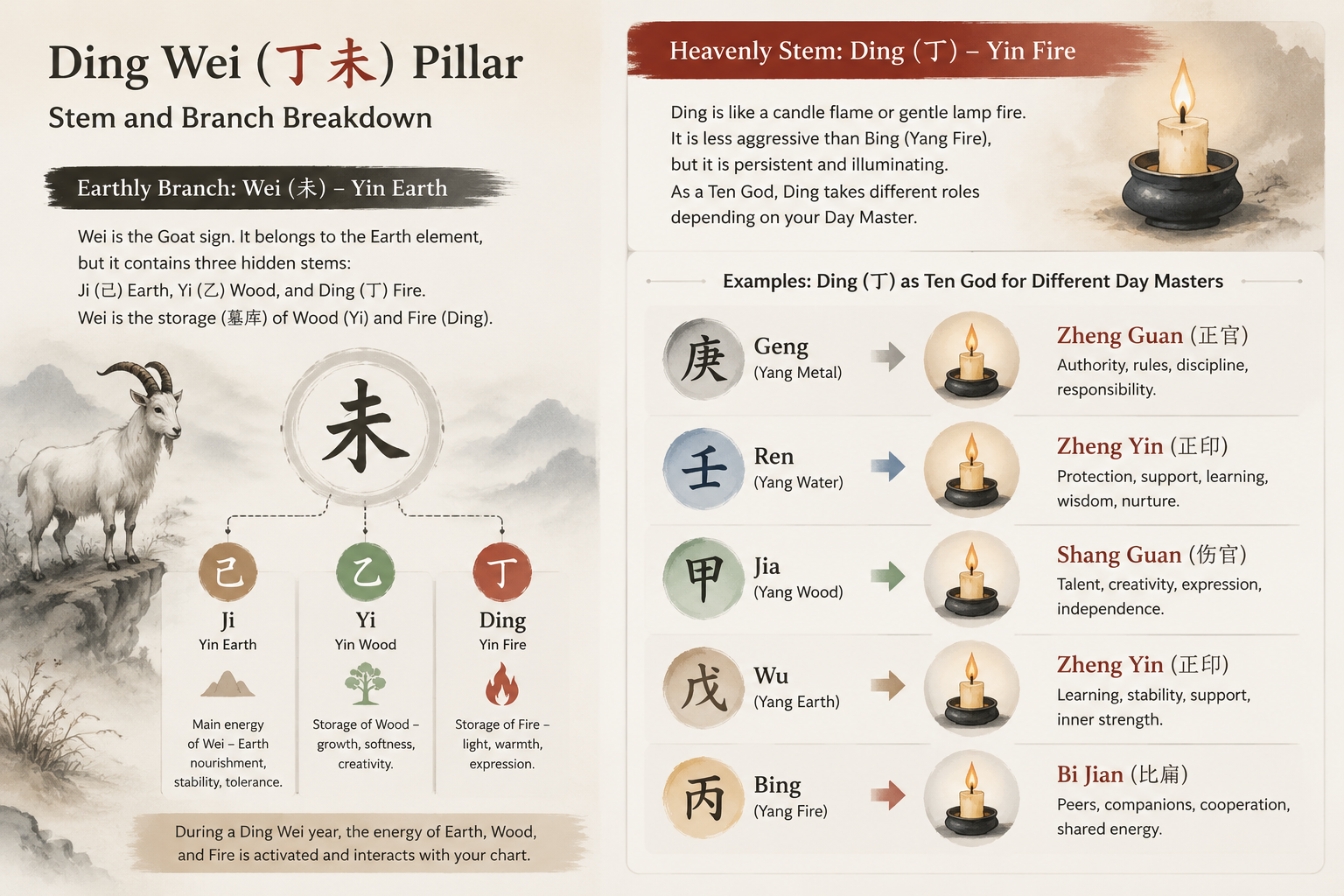 Comparison layout: left side, Ding Wei hidden stems list; right side, examples of Ding as Ten God for different Day Masters (Geng → Zheng Guan, Ren → Zheng Yin, etc.), using cool ink-wash annotations.