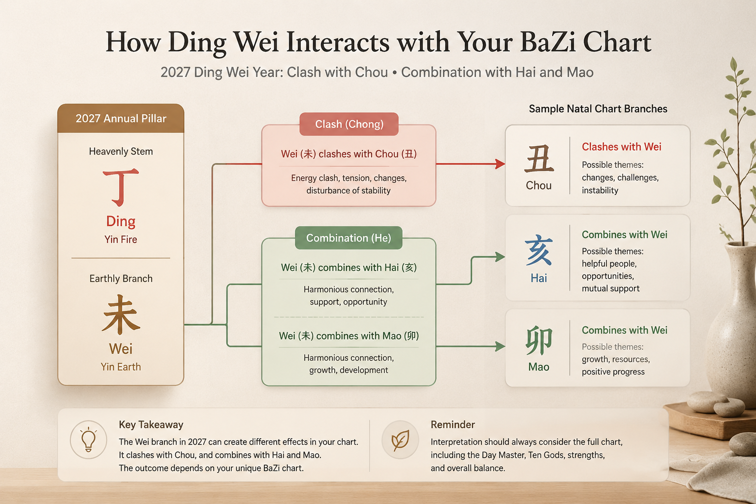 Flowchart illustrating how Wei (2027 branch) interacts with a sample natal chart’s Chou branch (clash) and with Hai and Mao branches (combination), using restrained color-coded arrows.