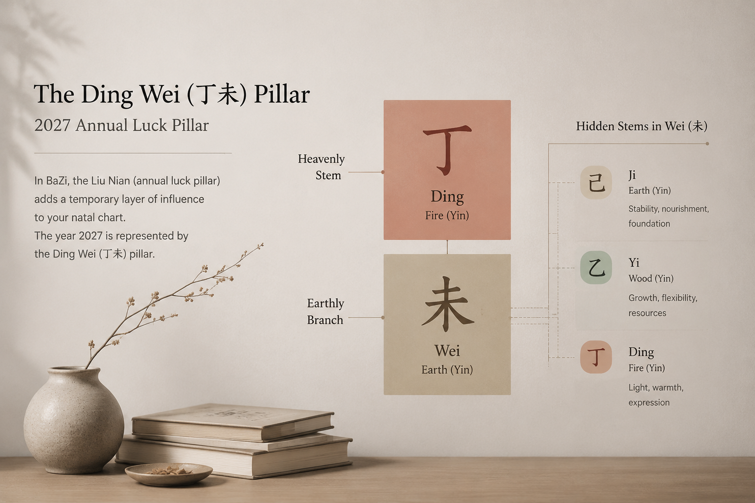 Quiet editorial diagram showing the Ding Wei pillar with Heavenly Stem Ding Fire (丁火) above Earthly Branch Wei (未), along with its hidden stems Ji (己), Yi (乙), and Ding (丁). Cool neutral tones, minimal layout.