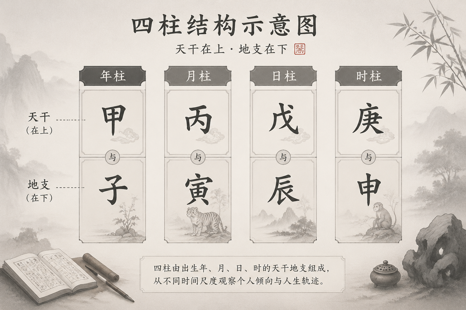 四柱结构示意图，展示年柱、月柱、日柱、时柱上下排列，天干在上地支在下，整体呈现灰色调工笔风格