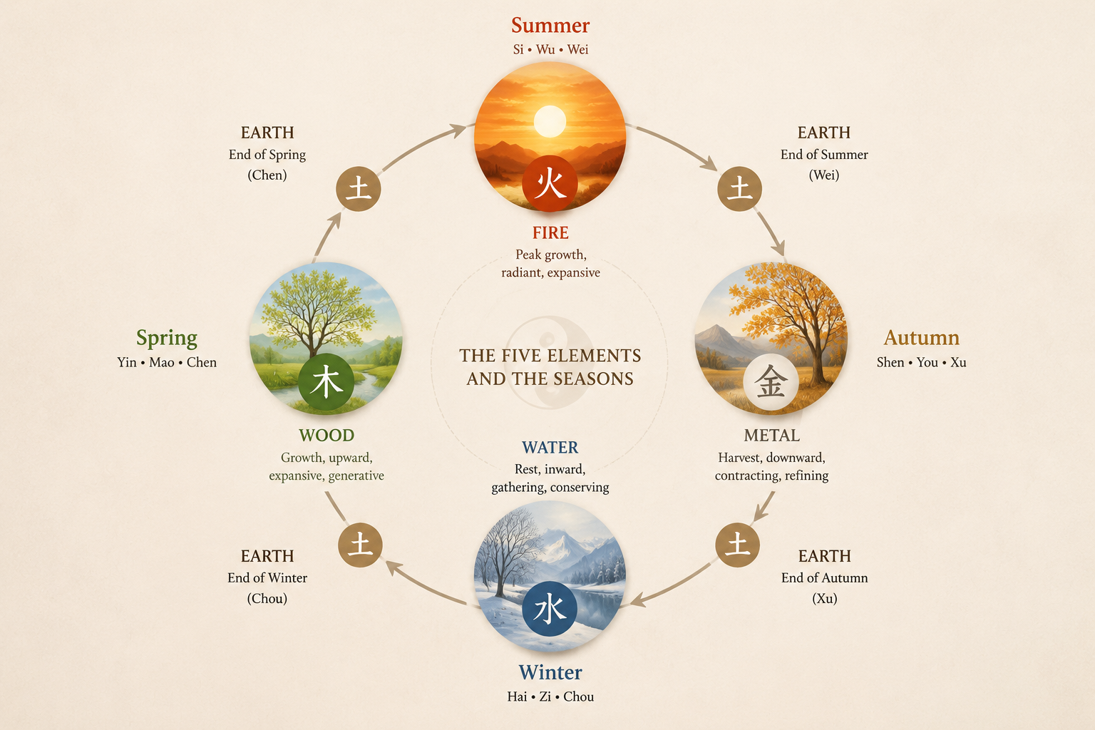 A circular diagram showing the seasonal cycle of the Five Elements, with Wood at spring, Fire at summer, Metal at autumn, Water at winter, and Earth at the inter-seasonal transitions.