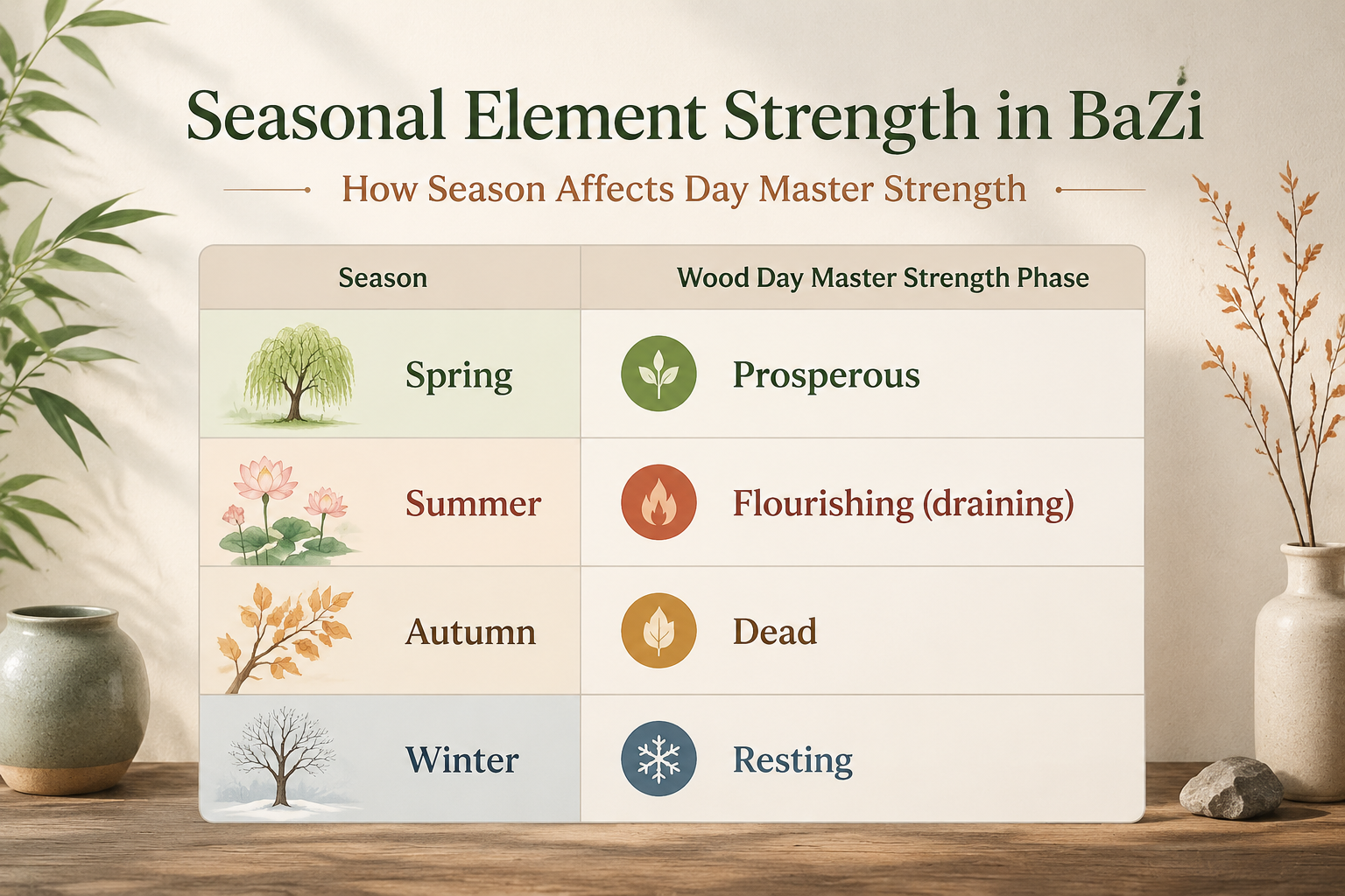 A clean two-column table showing the five seasonal strength phases for a Wood Day Master across four seasons, with brief labels: Spring—Prosperous; Summer—Flourishing (draining); Autumn—Dead; Winter—Resting.