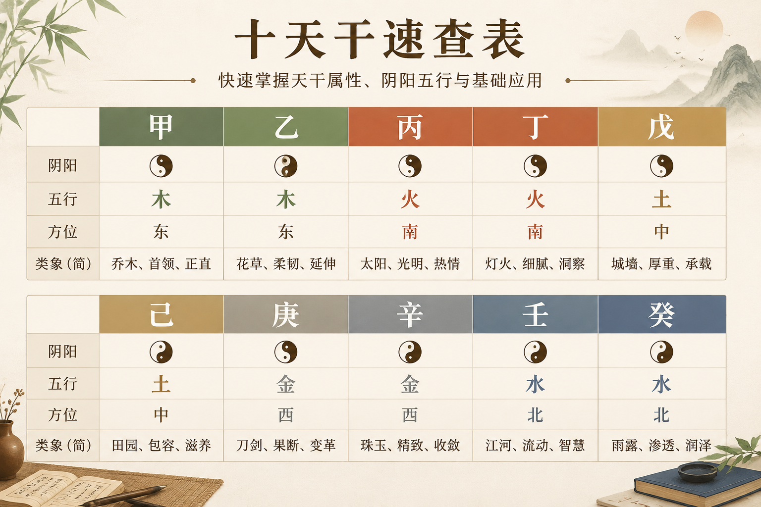A clean reference table displaying the ten Heavenly Stems in two rows, each stem paired with its yin/yang mark, Five Element, and cardinal direction. The design uses muted earth tones and simple line separations.