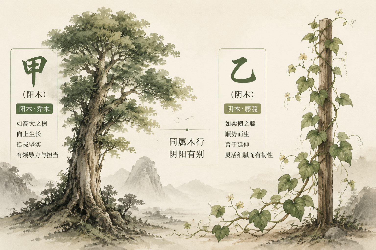 A soft ink-wash style illustration comparing a towering tree (Yang Wood, Jia) and a delicate vine (Yin Wood, Yi), subtle labels in Chinese characters.