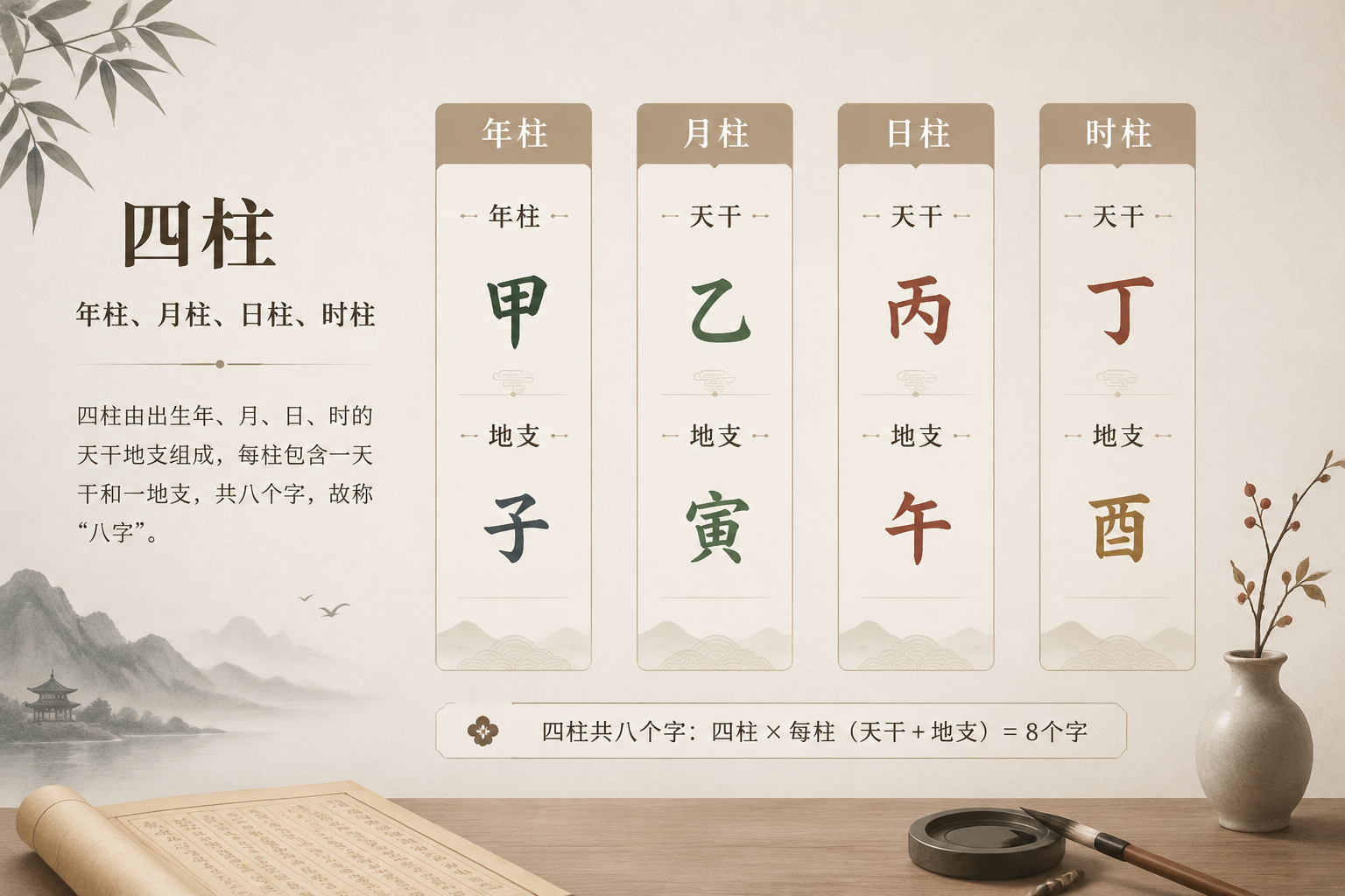 安静编辑图表,展示四柱结构,年柱、月柱、日柱、时柱分别由天干和地支组成,传统竖排布局,淡雅中性色调