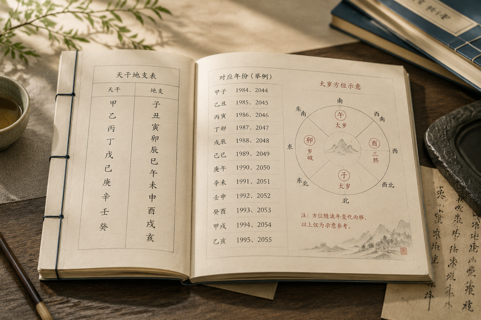 一本摊开的线装书，左页列出干支符号，右页对应年份数字，书页上浮淡淡朱砂色标记的太岁方位，整体静谧素雅