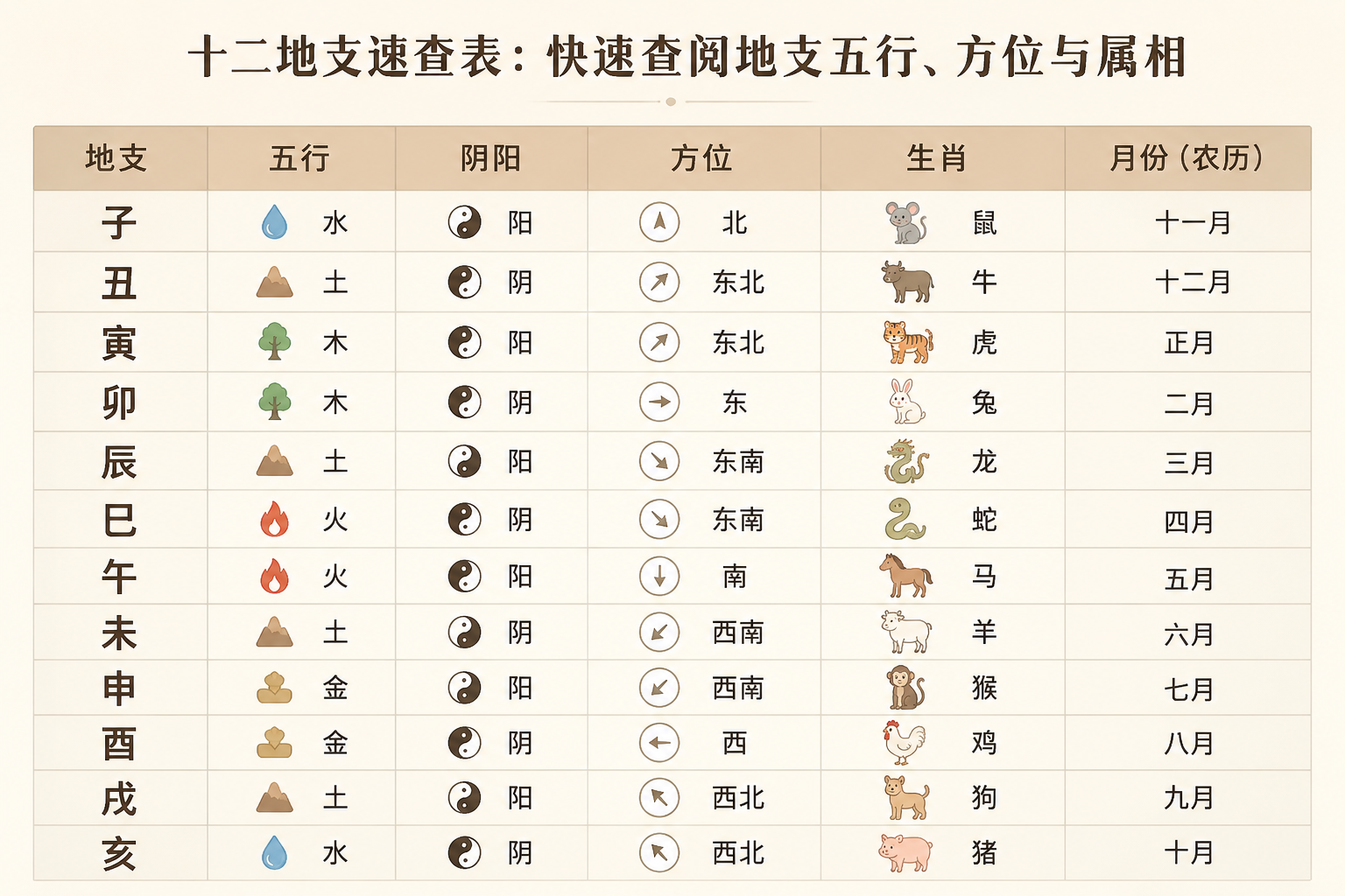 一张简洁的信息图表式速查表,从左到右列出十二地支名称、五行属性、阴阳、方位、生肖和月份,采用柔和中性色调,无任何迷信符号或眩光效果