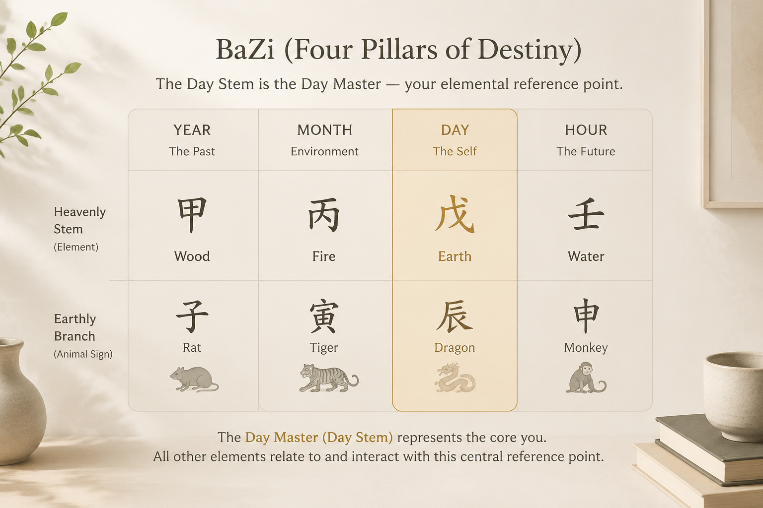 A restrained editorial diagram of a BaZi chart showing the four pillars (Year, Month, Day, Hour) with the Day Stem highlighted in a muted gold tone against a soft neutral background.
