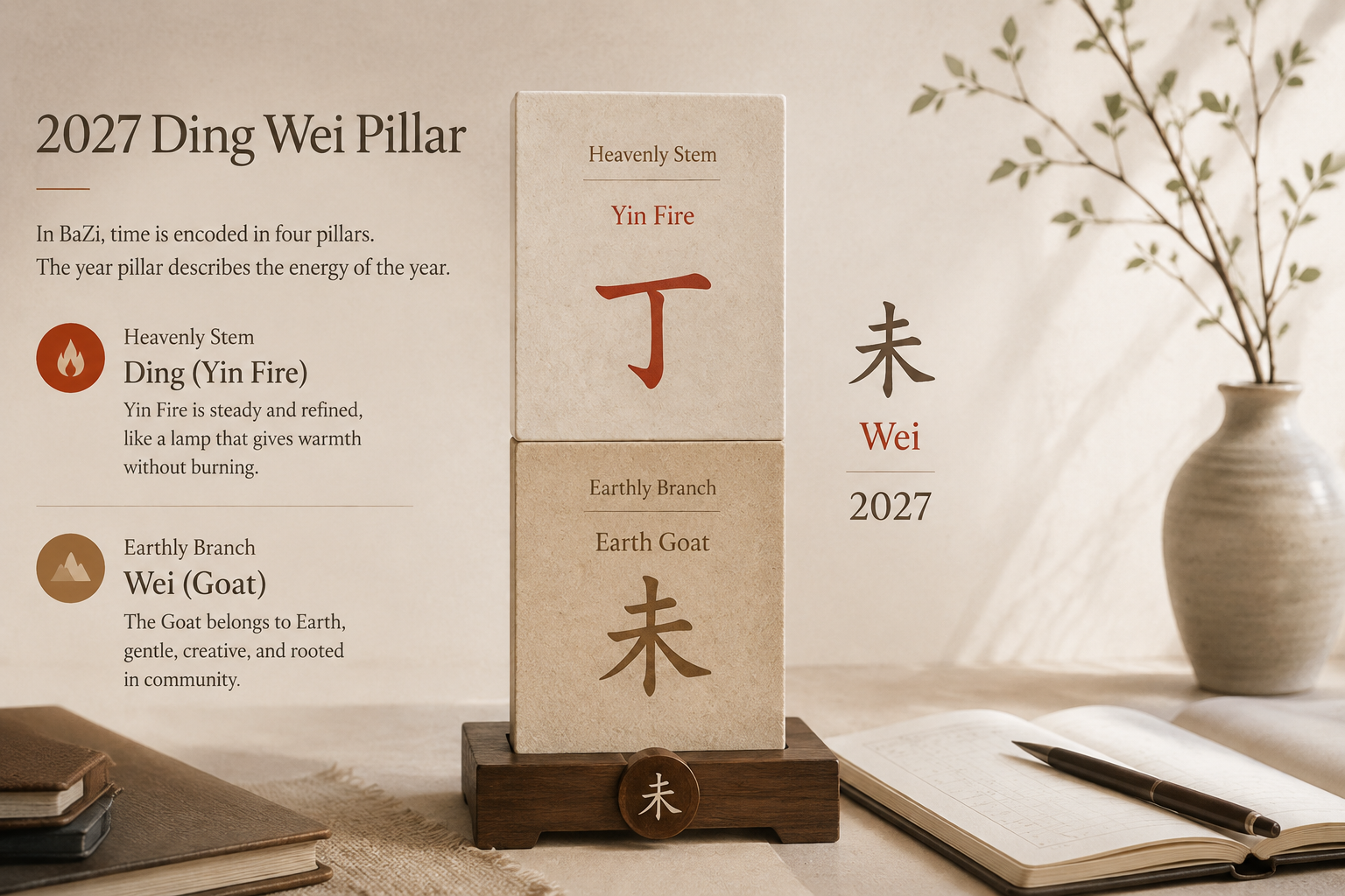 Quiet editorial diagram of the 2027 Ding Wei pillar with Yin Fire stem above and Earth Goat branch below, plus the Chinese character Wei.