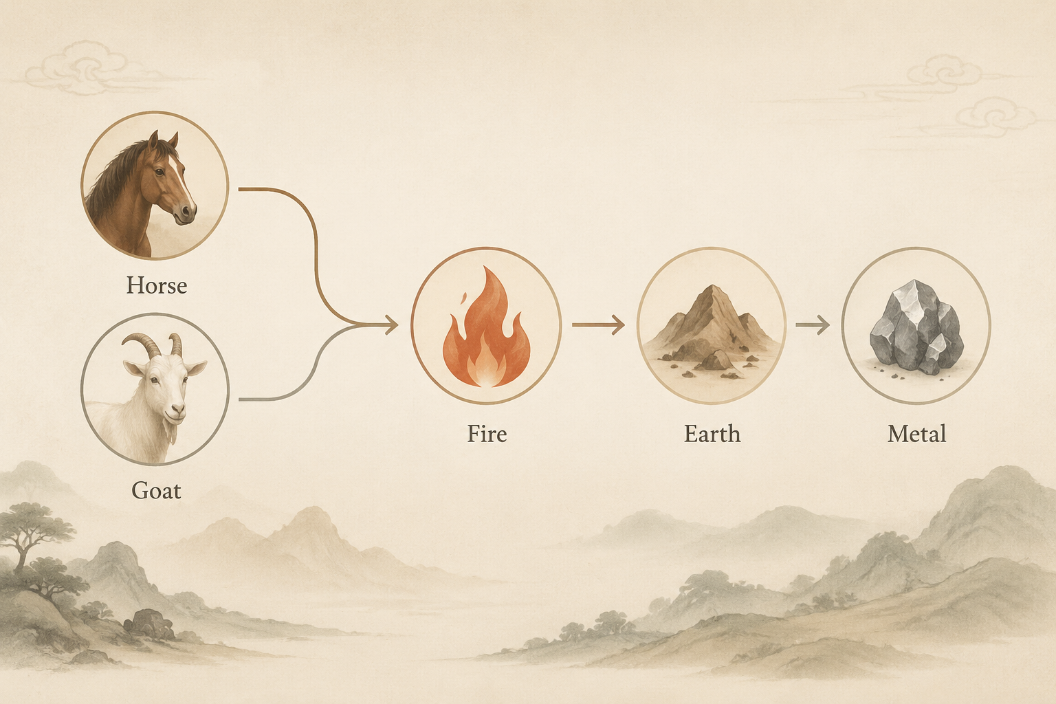 Low-contrast flow diagram showing Horse and Goat branches combining and Fire producing Earth toward Metal.