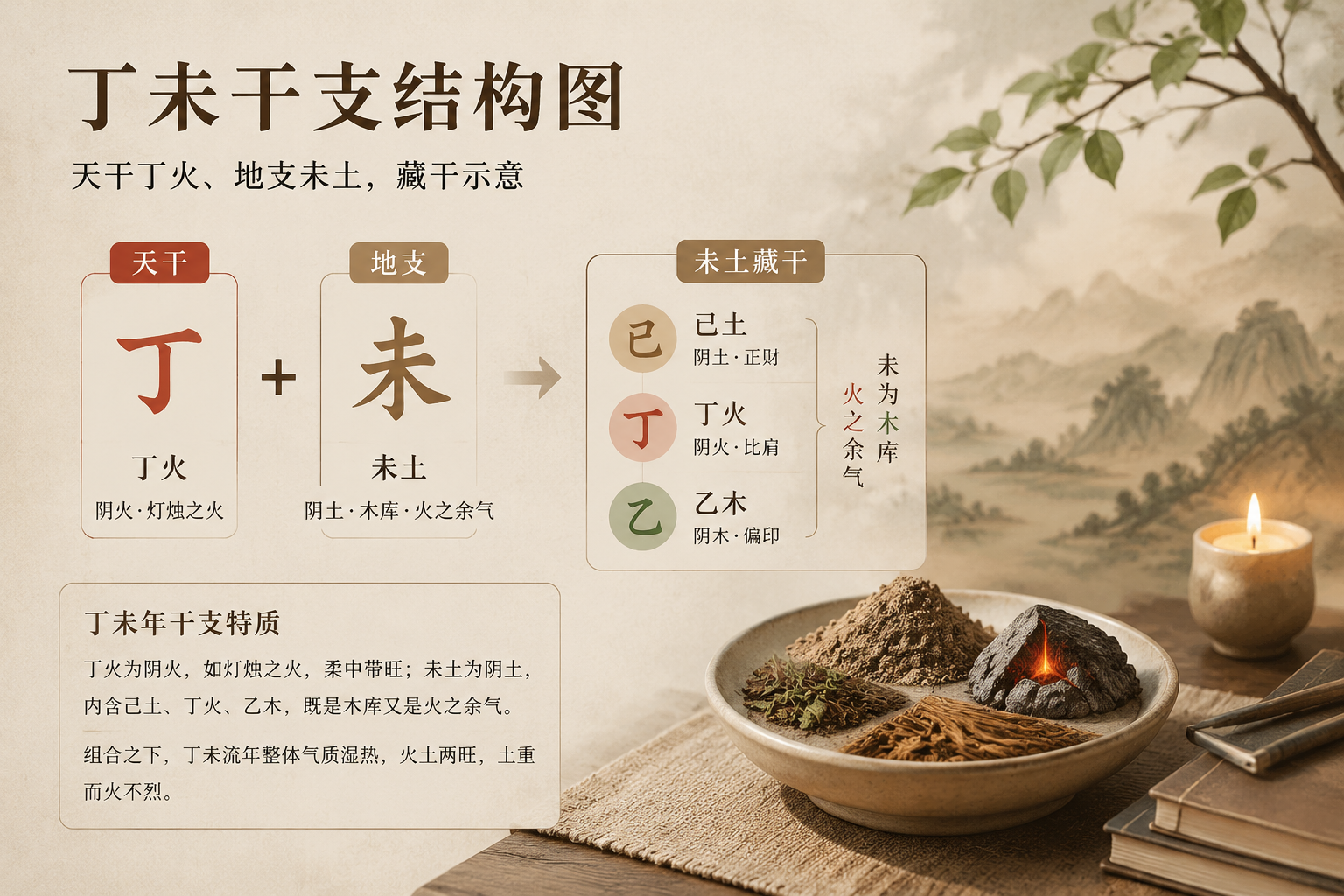 丁未干支结构图，天干丁火、地支未土，藏干示意